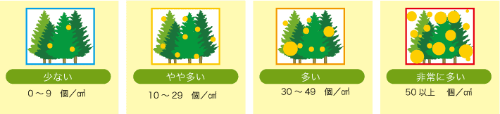 少ない：0〜9個／平方メートル、やや多い：10〜29個／平方メートル、多い：30〜49個／平方メートル、非常に多い：50以上個／平方メートル